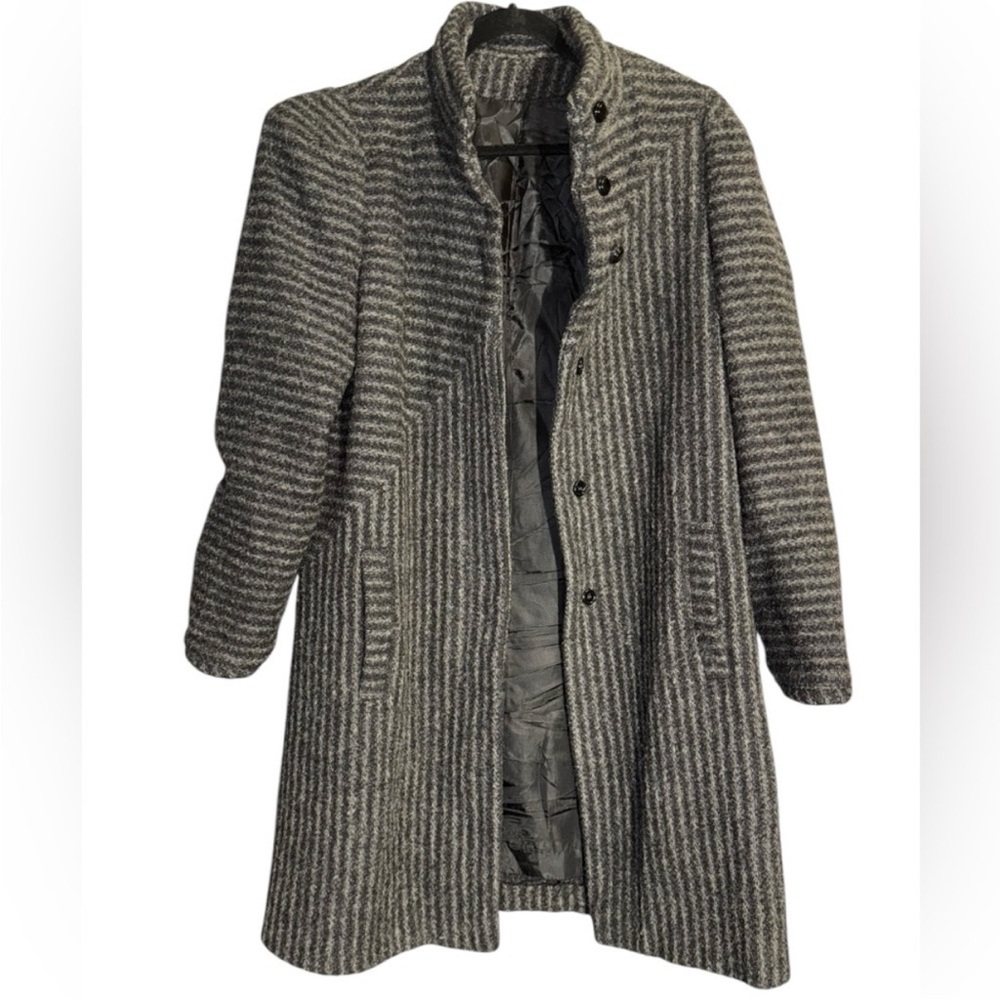 Vintage Portrait Striped Wool Coat Gray Black High Neck Made in USA - Picture 2 of 6